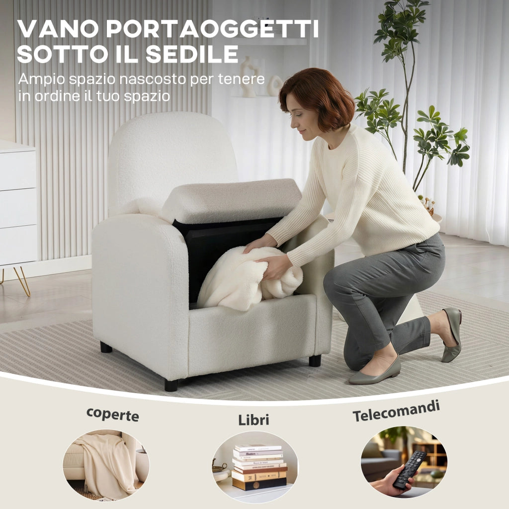 Poltrona Moderna con Spazio Contenitore a Scomparsa e Cuscino, Rivestimento in Pile Teddy, 76x77x95 cm, Crema