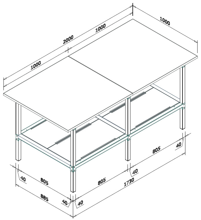 Banco lavoro con piano inferiore metallico e struttura di metallo zincato cm. 200x100x93h