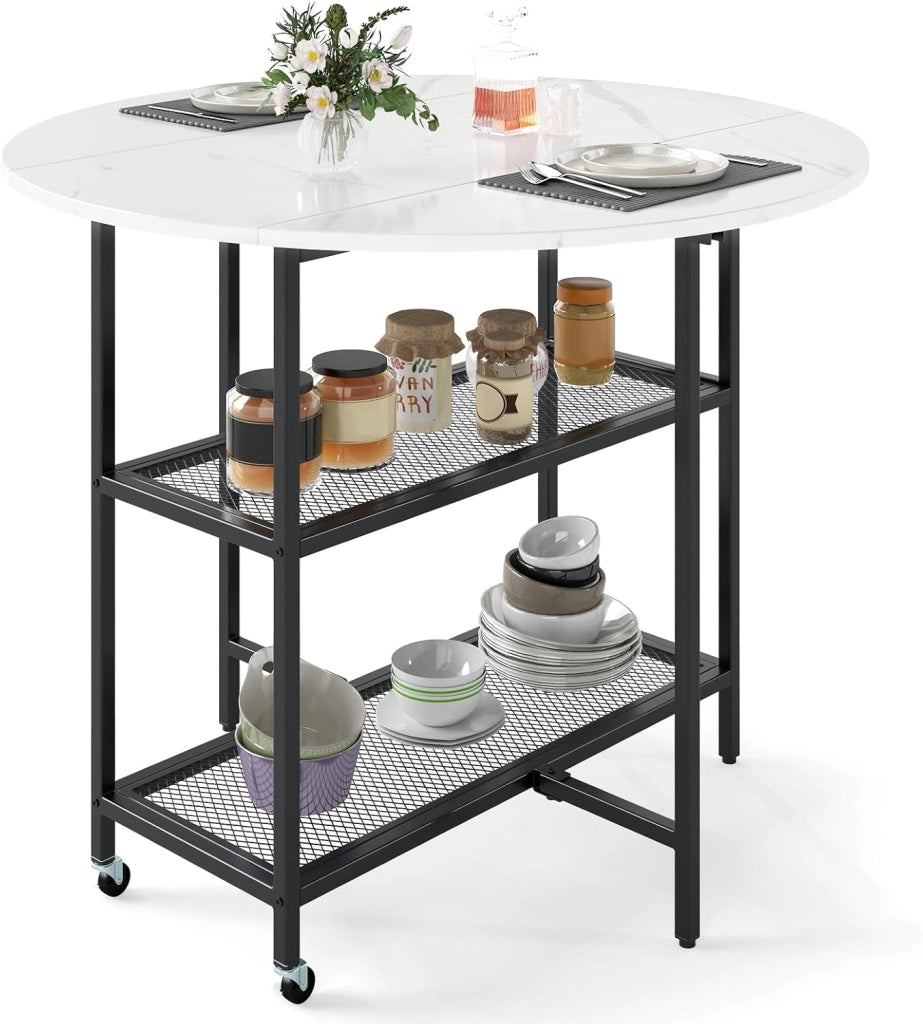 Tavolo Pieghevole Salvaspazio 100 x 100 x 80 cm, Tavolo da Pranzo Estensibile per 2-4 Persone con 2 Mensole di Stoccaggio e Ruote Bloccabili per Soggiorno, Appartamento e Ufficio (Bianco)