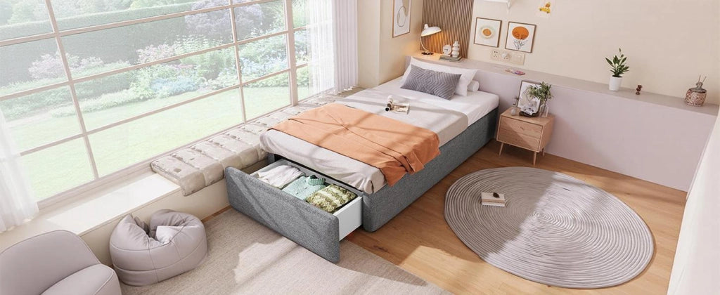 Letto imbottito singolo 90 × 200 cm con contenitore idraulico e cassetto, senza materasso, grigio