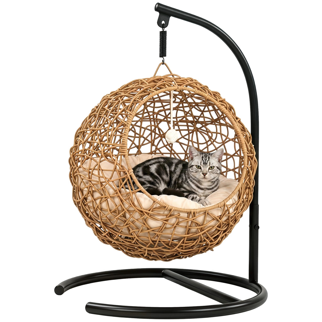 Letto per gatti in rattan con cuscino lavabile e palla ¨C zephmum ¨C 45x41x75 cm marrone chiaro
