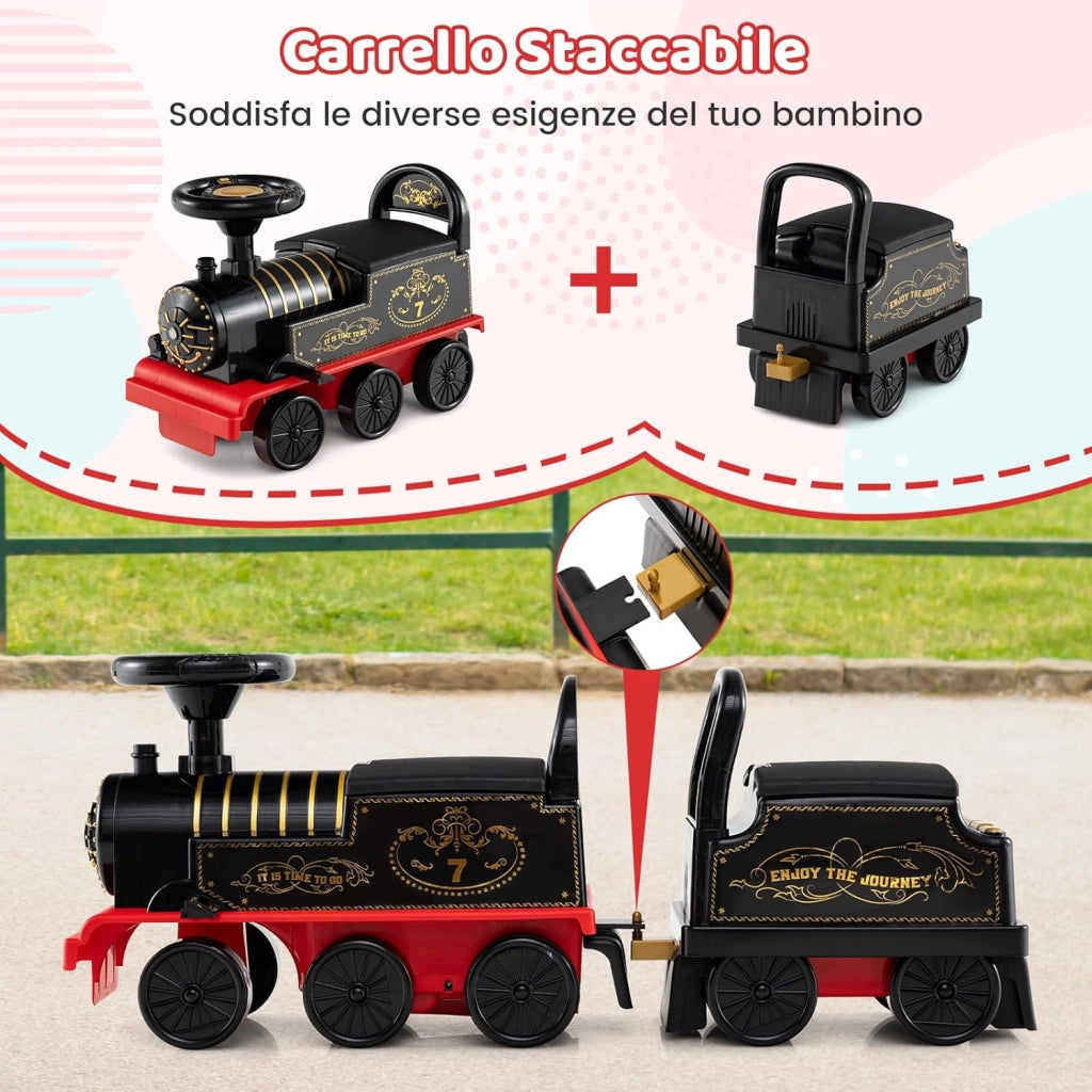Trenino Elettrico con Vagone, 6V Giocattolo Elettrico a Batteria con Contenitore, Poggiapiedi Estraibili, Musica e Luci LED, Auto Elettrica per Bambini 18+ Mesi