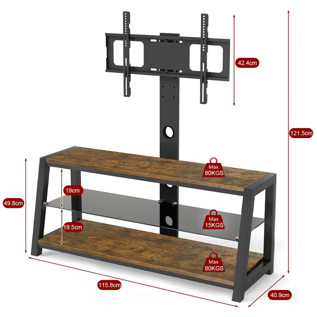 Mobile TV con 3 ripiani; supporto orientabile e passacavi - per soggiorno - in MDF e metallo - 116×42×125 cm - marrone