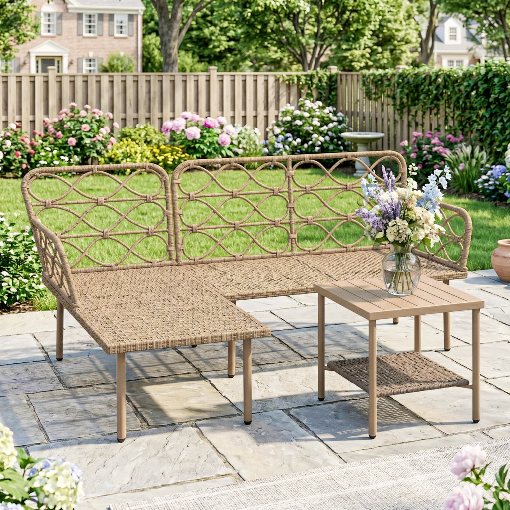 Set Giardino 3 Pezzi con Chaise Longue, Divanetto, Tavolino e Cuscini ¨C zephmum ¨C Rattan, Acciaio, Bianco Crema e Legno