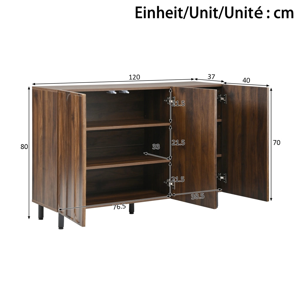 Credenza a 3 ante con ripiani regolabili e frontali ad arco mobile contenitore in MDF e pannello truciolare noce