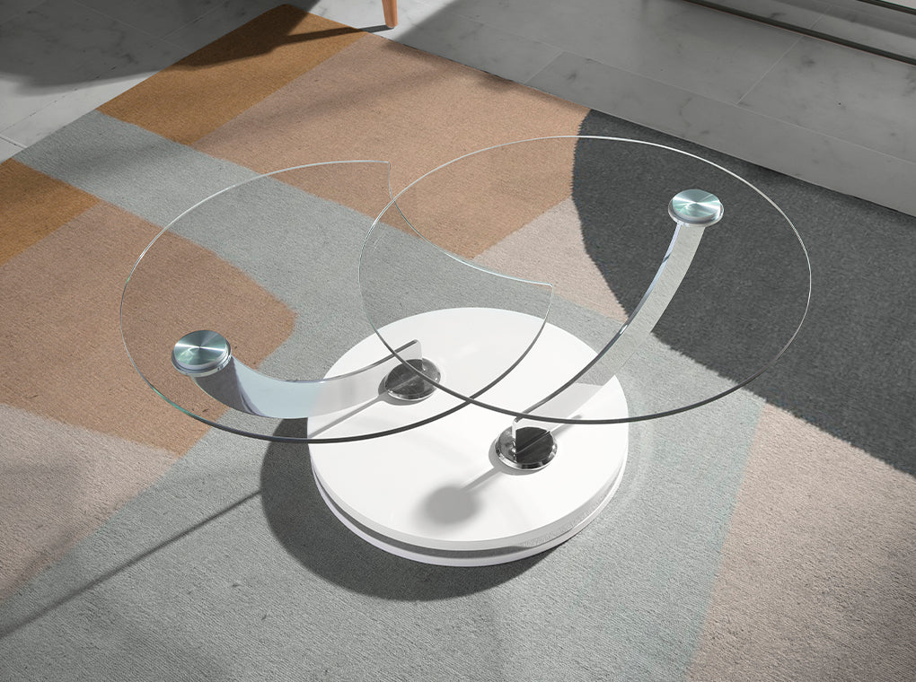 Tavolino girevole in legno bianco e vetro temperato