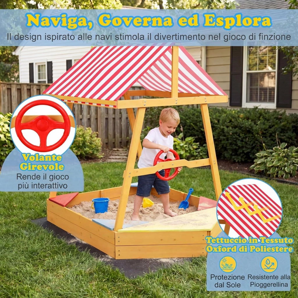 Sabbiera per Bambini in Legno Massello, Sabbionaia con Tetto Parasole, Panca Sedile e Fodera, Forma di Barca, per Esterno, Spiaggia, Cortile e Giardino, 135x103x140 cm