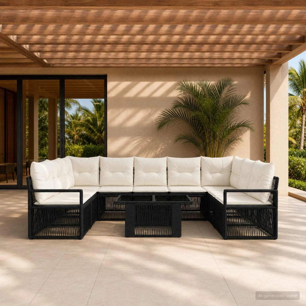 Set Divano da Giardino 10 pz Nero e Bianco Crema polyrattan 3437143