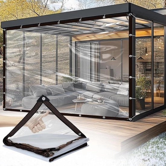Tenda Pieghevole - Vetrata - per Esterno - 2m x 15m - Occhi 10 mm - Tenda Transparente - Protezione da Pioggia - Impermeabile - Resistente ai Raggi UV - Tenda Aerea - con Anelli di Inserimento