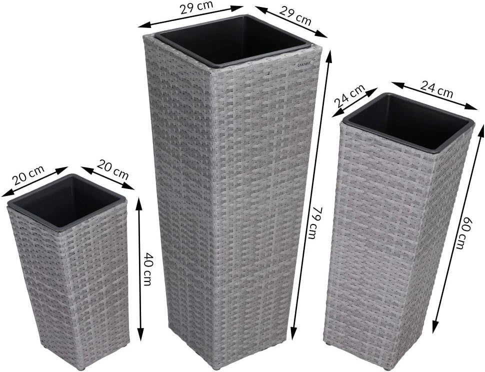 Deuba Fioriera in Polirattan Intrecciato a Mano Vaso Portafiori Set 3 pz Fioriere Cassette per Fiori Grigio