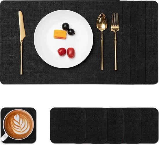 Tavolo in Pelle e Dischi - Tavoli Acqua e Resistenza al Tratto - Piatti per Tavolo a Doppia Faccia - Tavoli per Caffè con Suola e Lavabile - Set Nero da 6