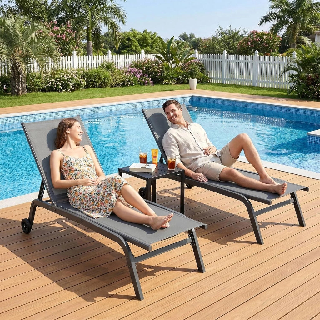 Set di 1 lettino da giardino con ruote, resistente alle intemperie, schienale regolabile in 5 posizioni, per esterni, portata fino a 120 kg, per giardino, piscina, balcone, terrazza, grigio