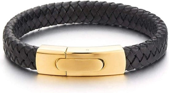 Anello in pelle nera intrecciata con chiusura a viti in acciaio inox dorato per uomo e donna