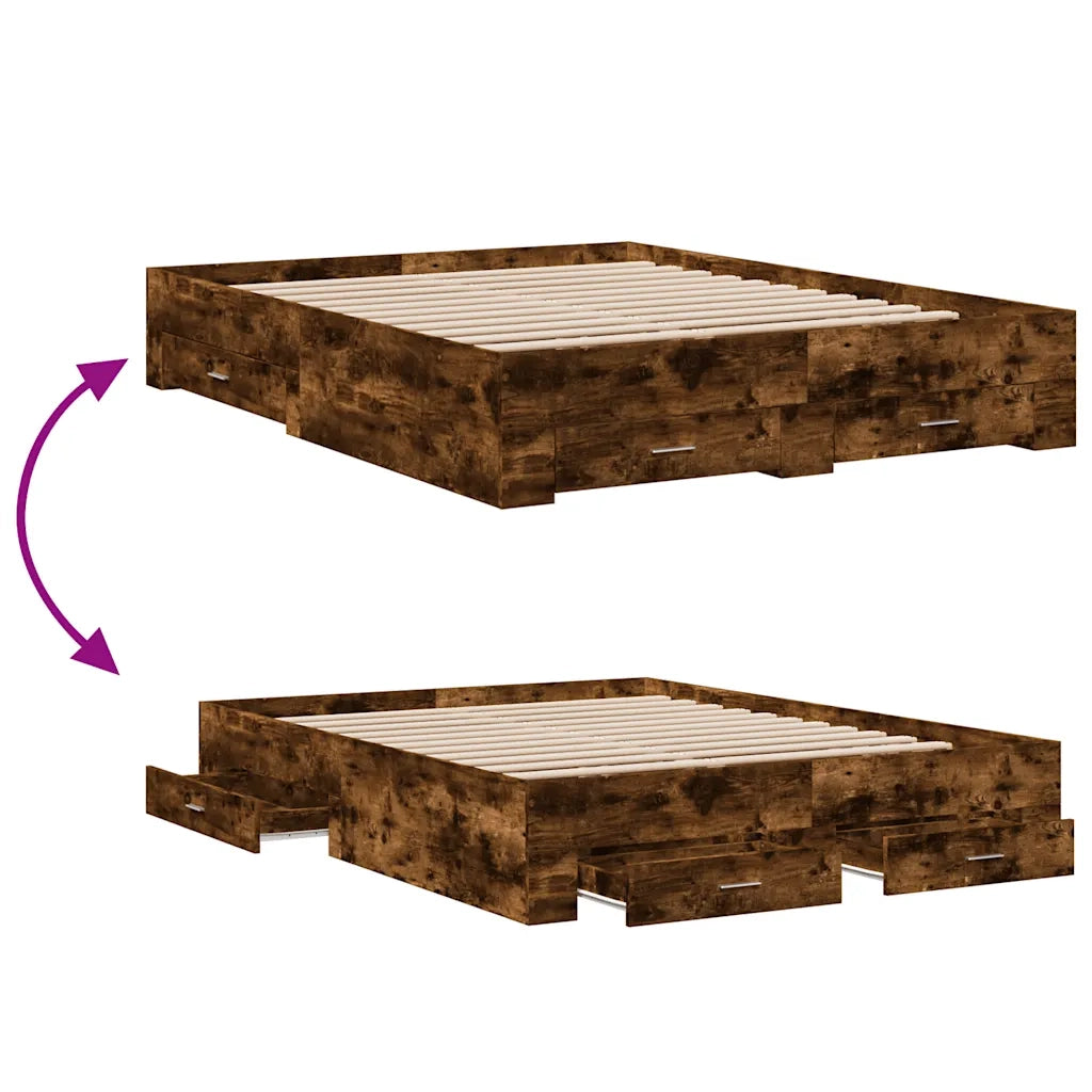 Letto matrimoniale | Letto per adulti | Giroletto con Cassetti Rovere Fumo 150x200 cm Legno Multistrato