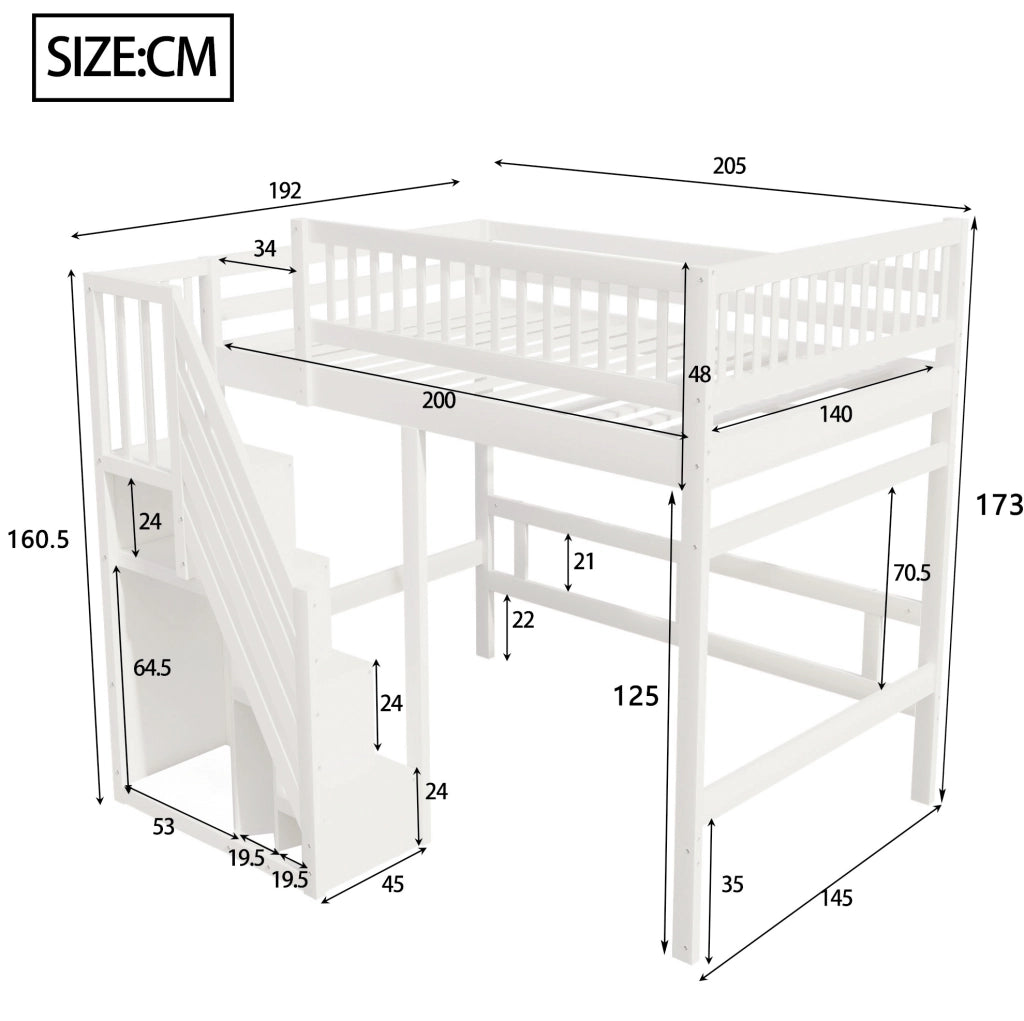 Letto in legno 140x200 cm con scala contenitore e sponda alta; bianco