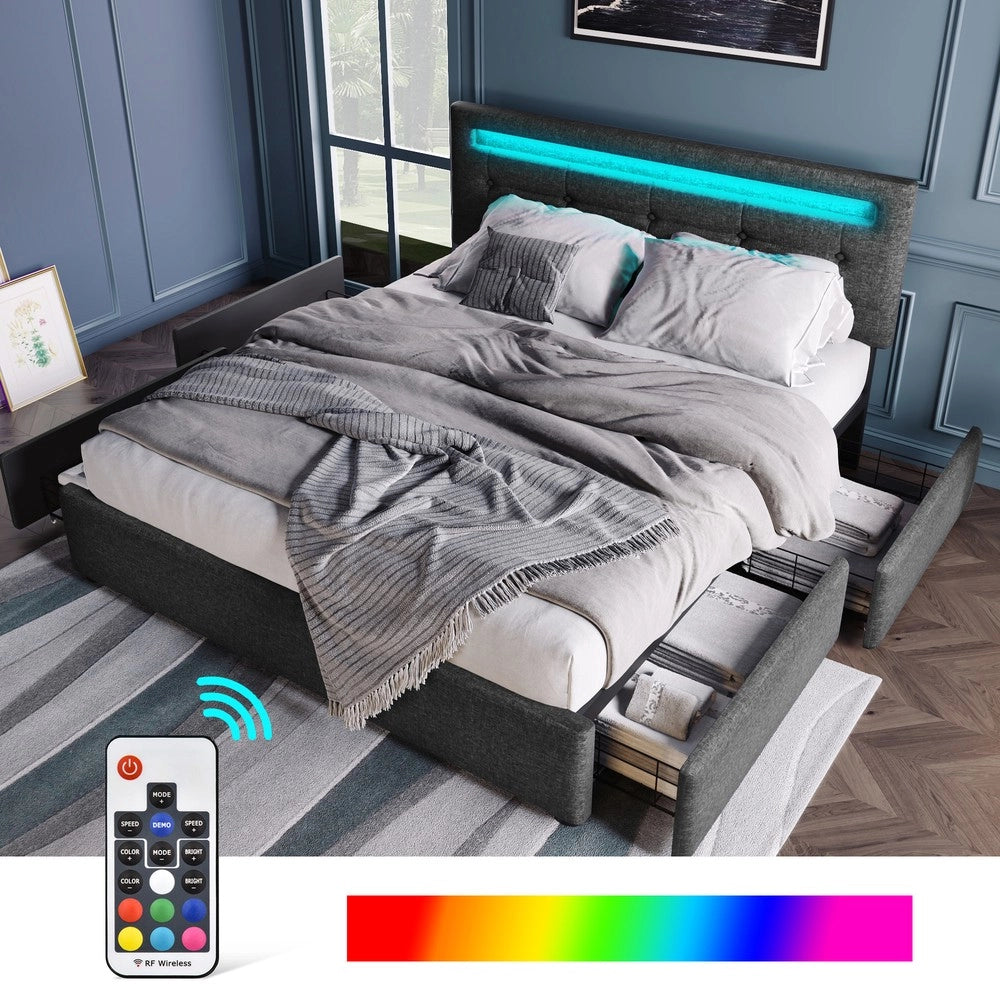 Letto Matrimoniale Imbottito con LED e Cassetti ¨C Xylo ¨C Grigio, Testiera Regolabile, Rete a Doghe, 140x200