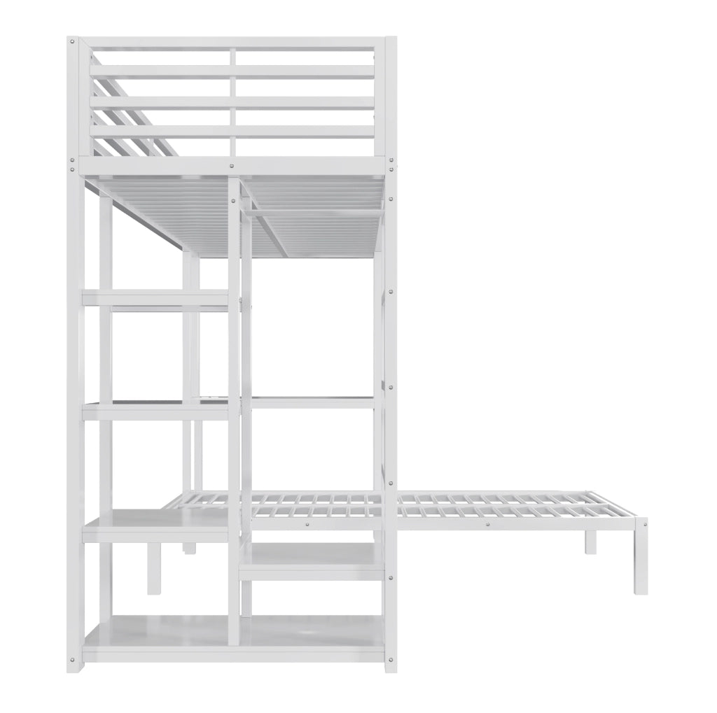 Letto a soppalco 90x200 cm con scrivania; ripiani e vano guardaroba; bianco in MDF e metallo