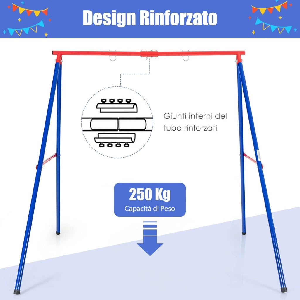 Struttura di Metallo per Altalena, Struttura ad A Resistente per Altalena, con Paletti e 2 Modi per Appenderla, Capacità di Peso 200kg, Ideale per Attività Interne ed Esterne (Blu e Rosso)
