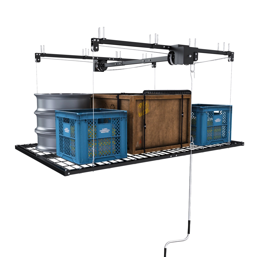 Scaffale da soffitto con sistema a manovella e bloccaggio manuale per garage in acciaio nero 120×240 cm