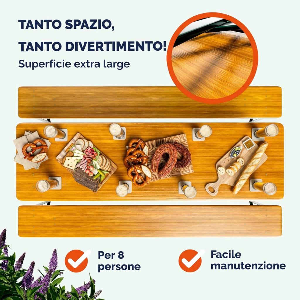 Set da Birreria Pieghevole 170cm Tavolo (170x46x75cm) con Foro Ombrellone 2x Panche in Legno (170x23x46cm) Party Sagra Festa Evento Giardino