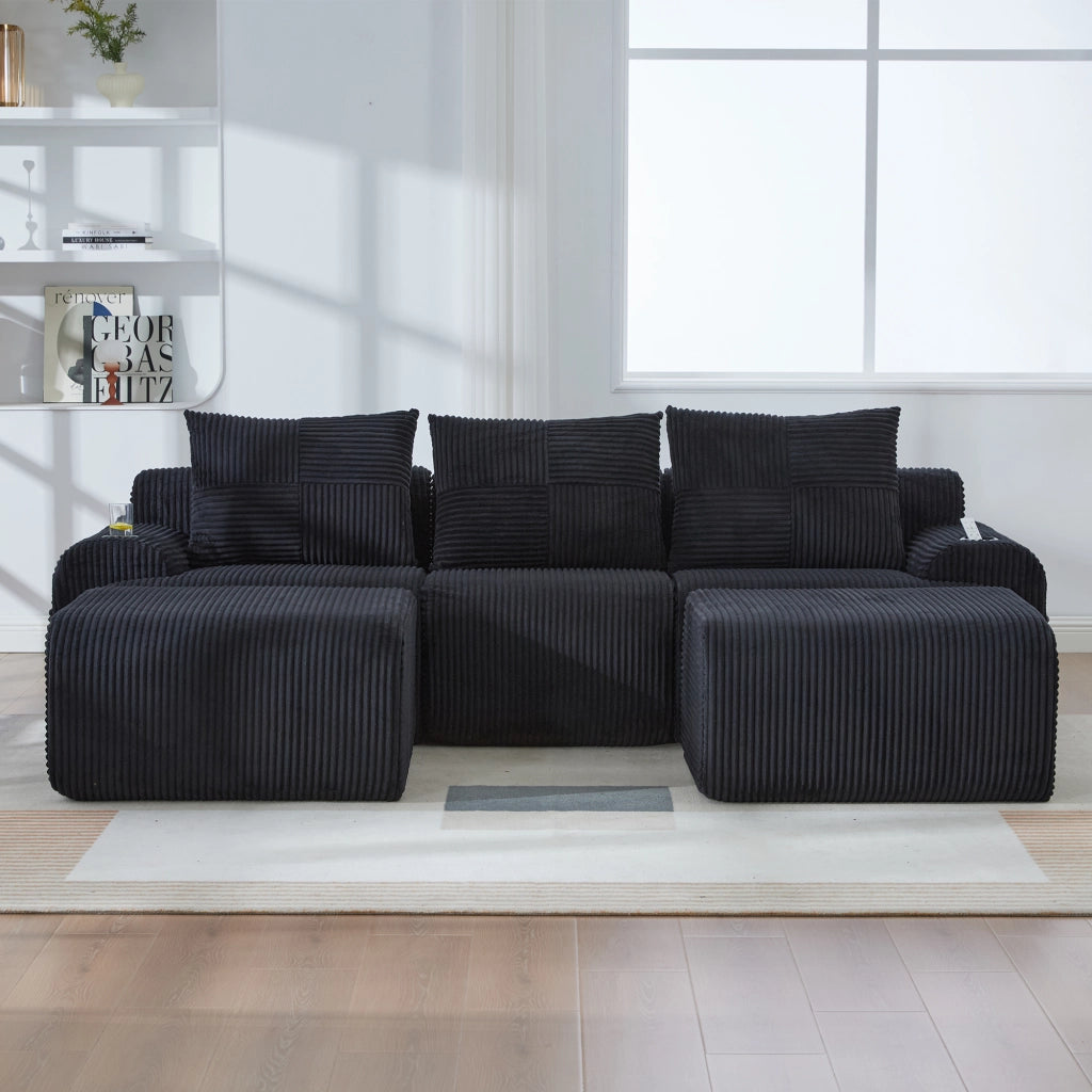 Divano modulare a 3 posti con portabicchieri e tasca laterale in tessuto effetto corduroy nero 268 × 174 × 66 cm