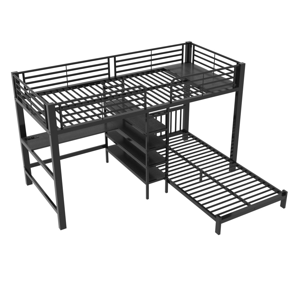 Letto a soppalco con scrivania, ripiani e prese USB, nero 90 x 200 cm