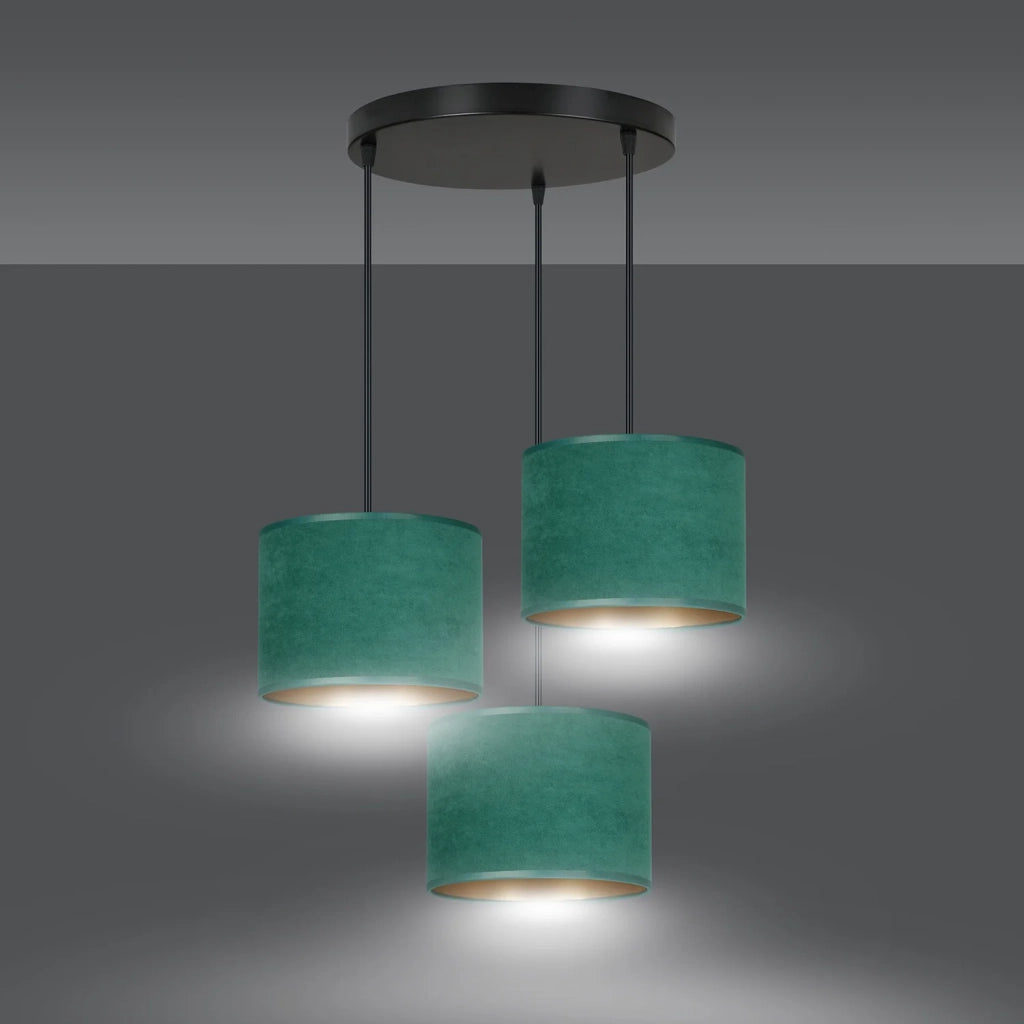 Lampadario Tondo 3 Luci Ganesha In Acciaio Nero E Paralumi In Tessuto Verde