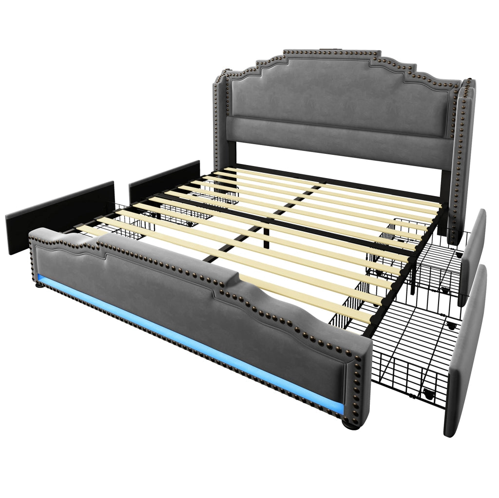 Letto matrimoniale 140x200 cm in velluto grigio con LED; USB Type-C e 4 cassetti; con materasso