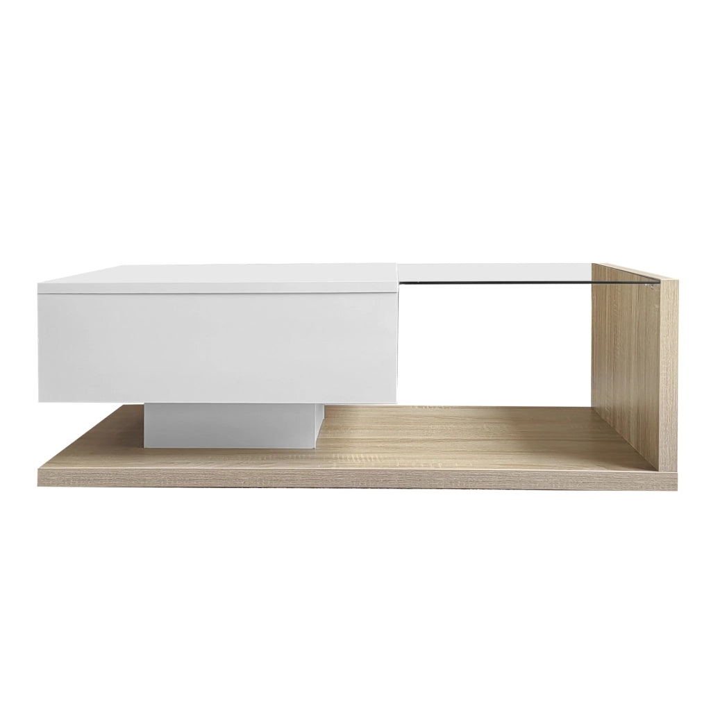 Tavolino da caffè 105x55x32.5 cm; con vano e LED 16 colori; truciolare; bianco lucido e colore naturale