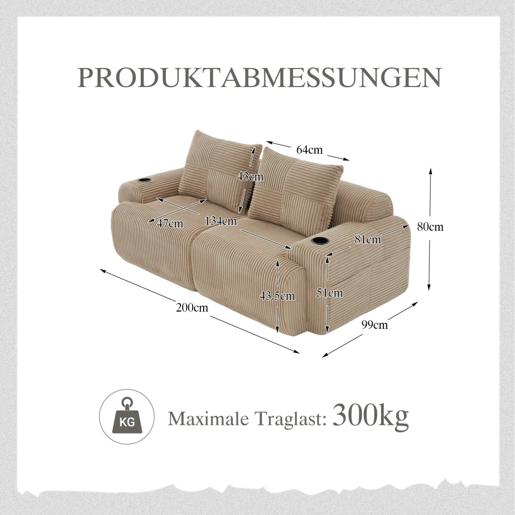 Divano Modulare 2 Posti con Portabicchieri e Tasca ¨C MINIMAL ¨C Tessuto Kaki