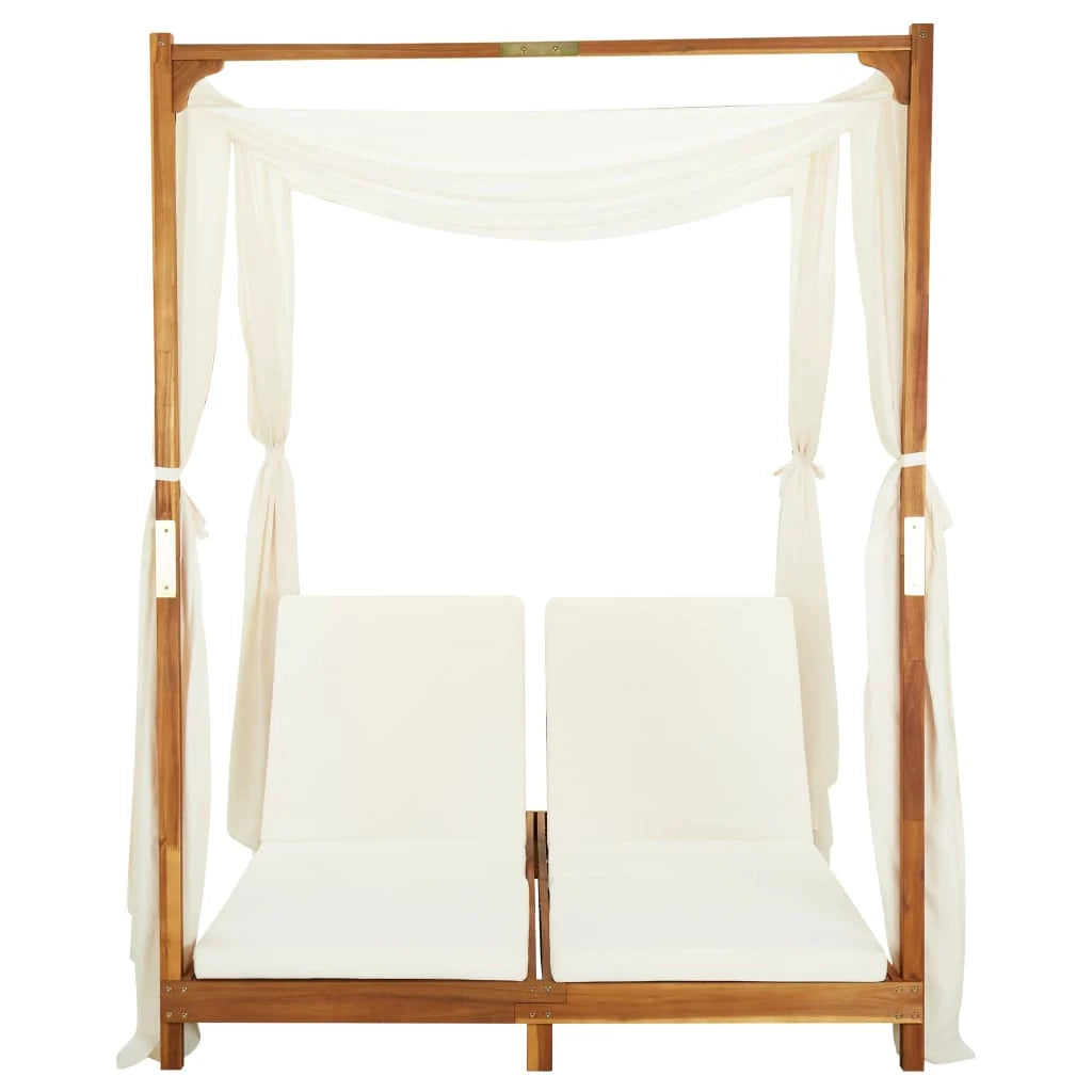 Lettino prendisole sedia a sdraio lettino da giardino mobili da patio set da esterno doppio con tende e cuscini legno di acacia 02_0012739