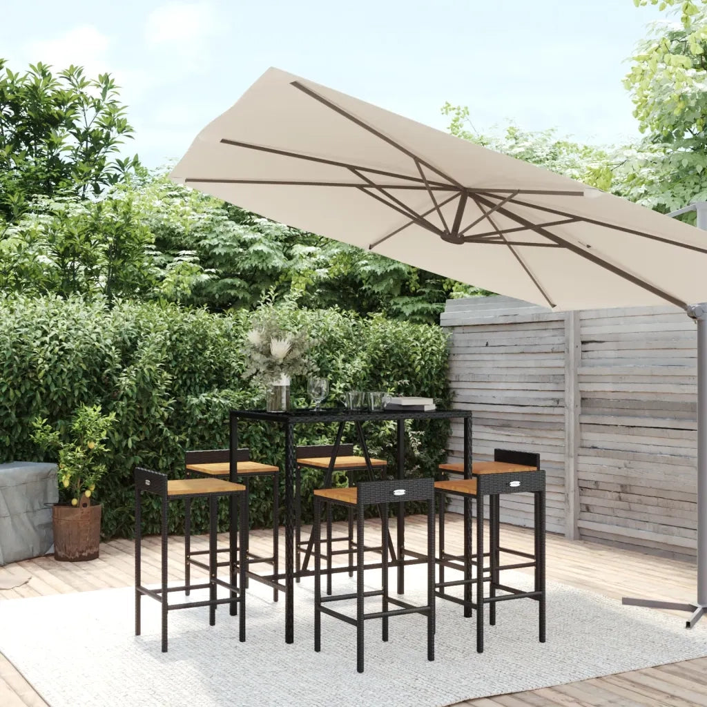 Set Bar Giardino 7 pz Nero Polyrattan e Legno Massello Acaciacod mxl 102434