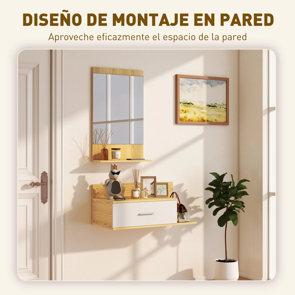 Specchio con cassetto e ripiani per ingresso ¨C zephmum ¨C legno naturale
