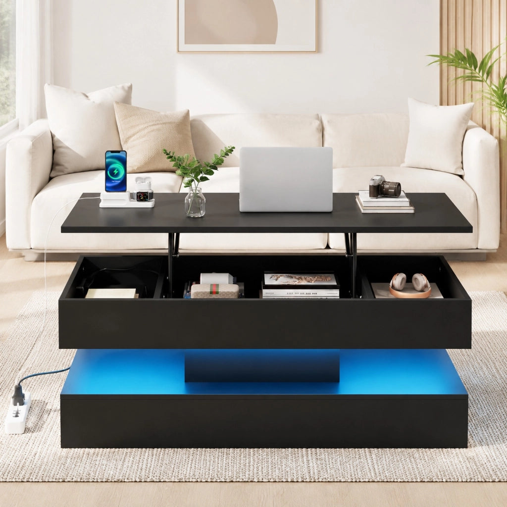 Tavolino da caffè sollevabile con LED, vano nascosto e prese EU, 100 x 50 x 42 cm, nero