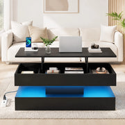 Tavolino da caffè sollevabile con LED, vano nascosto e prese EU, 100 x 50 x 42 cm, nero