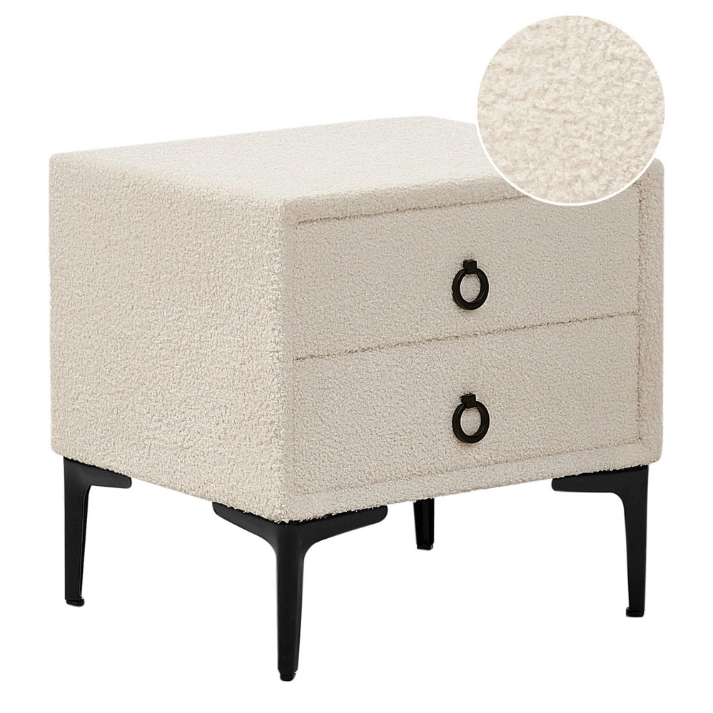 Comodino Boucle bianco sporco gambe in metallo nero con 2 cassetti portaoggetti Comodino