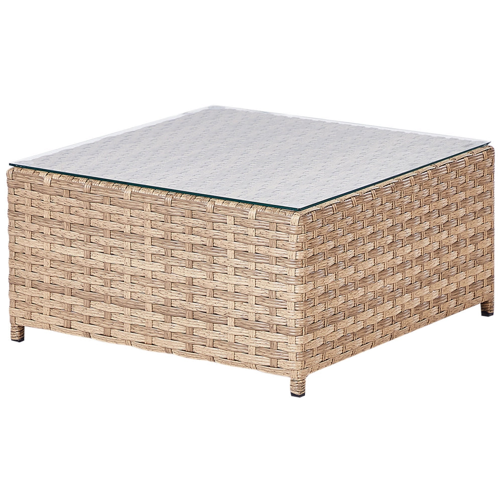 Set da giardino in rattan composto da divano angolare e tavolino in vetro con cuscini bianco sporco per esterno elegante