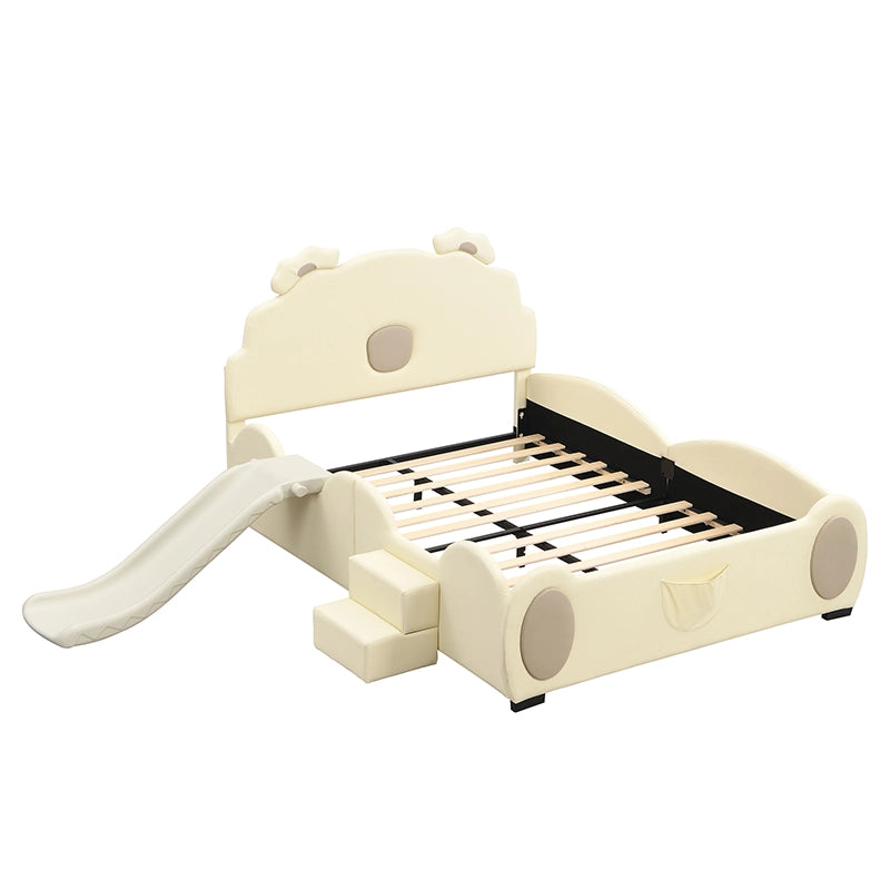 Letto per bambini 140×200 cm a forma di orso con scivolo e scala; senza materasso; PU; beige