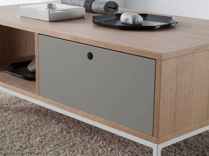 Tavolino rettangolare in rovere e acciaio bianco