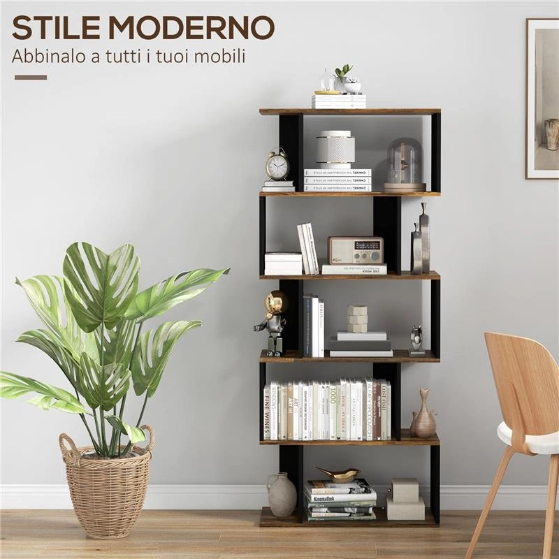 LIBRERIA MODERNA ASIMMETRICA A PARETE CON 5 RIPIANI IN LEGNO, 70X29.5X163CM, MARRONE RUSTICO