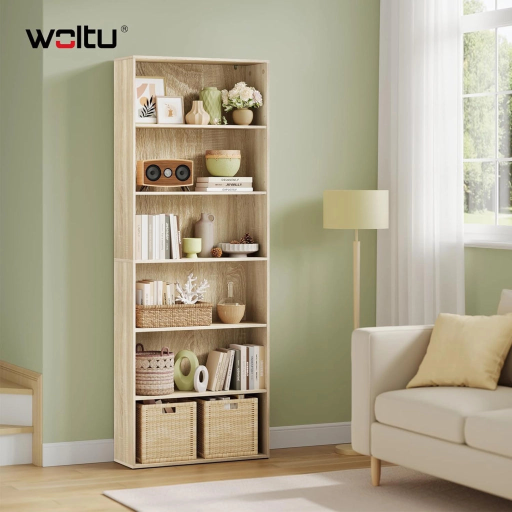 Libreria a Pavimento con 6 Ripiani Regolabili, Scaffale Aperto per Soggiorno Ufficio Camera, Divisorio Ambienti, 60x180x23,5 cm, Rovere Chiaro