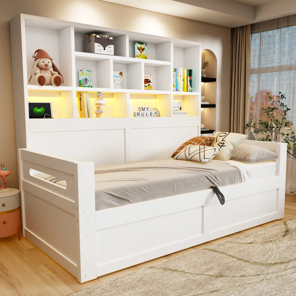 Letto contenitore 90x200 cm con sollevamento idraulico; LED; USB e ripiani portaoggetti; MDF bianco