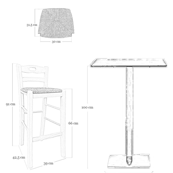 Sgabello con manico nello schienale h cm 66 grezzo con seduta in paglia