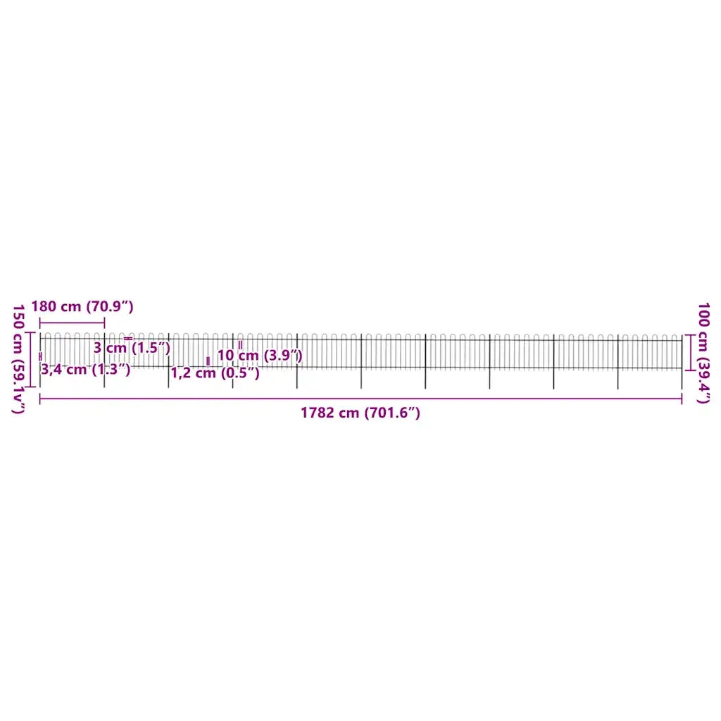 Recinzione da Giardino con Parte Superiore ad Anello in Acciaio 1781,5x100 cm Nero 277665