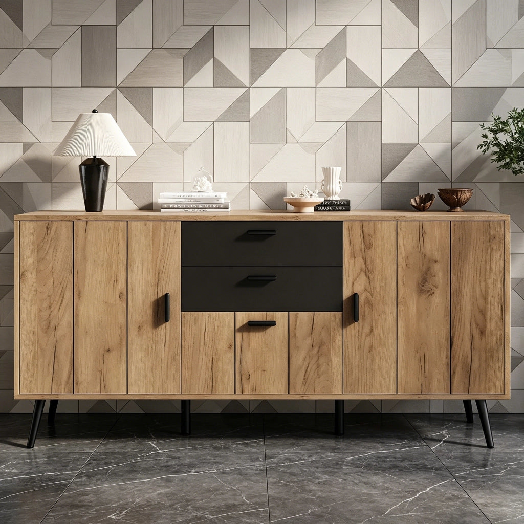 Credenza con 3 ante e 2 cassetti; 7 vani - per soggiorno o cucina - in MDF - 140x35x67 cm