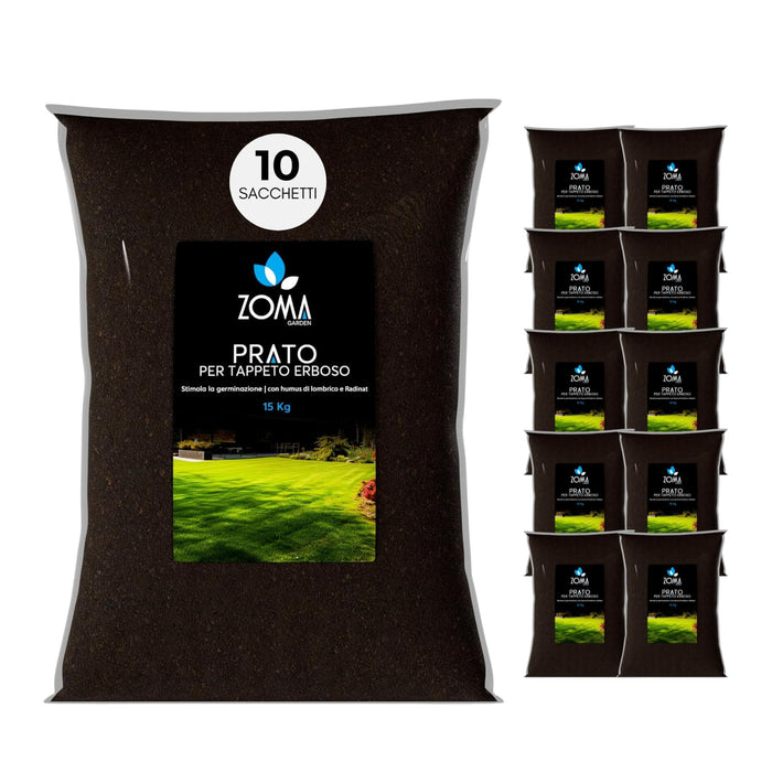 ZOMA Terriccio per Prato di Qualità Superiore, Terriccio prato specifico per la germinazione, con Sabbia, Radinat e Humus di Lombrico - Terra prato Ideale per sementi e prati in zolle - 150KG