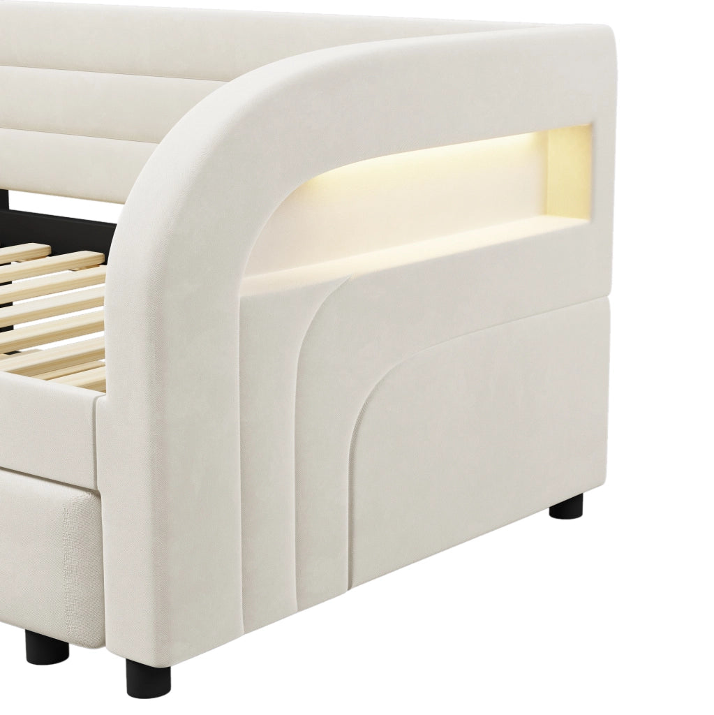 Letto imbottito singolo 90x200 cm con letto estraibile e LED laterale; flanella beige