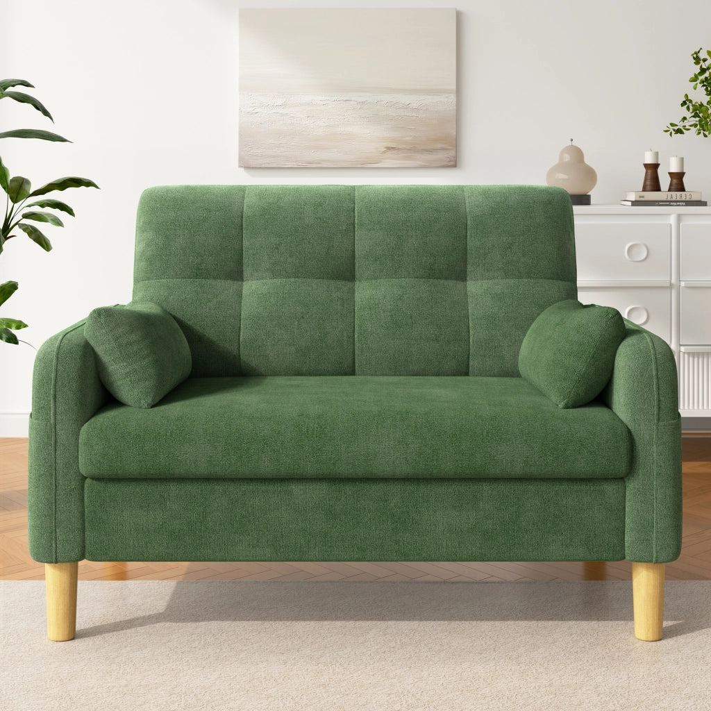 Divano a 2 posti in ciniglia con cuscini e tasca laterale, schienale alto e comfort per piccoli spazi, verde 119 × 78 × 85 cm