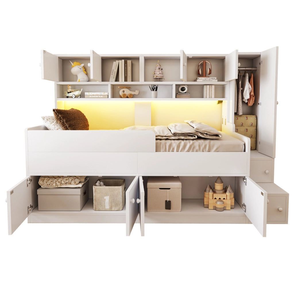 Letto per bambini 90x200 cm con contenitore; scala e LED; legno; bianco