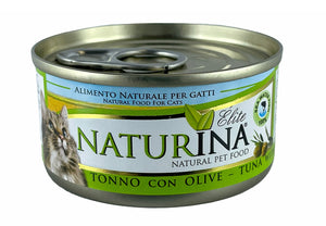 NATURINA - Elite Tonno e olive Umido per Gatti cotto al Vapore. 6 Lattine da 70g